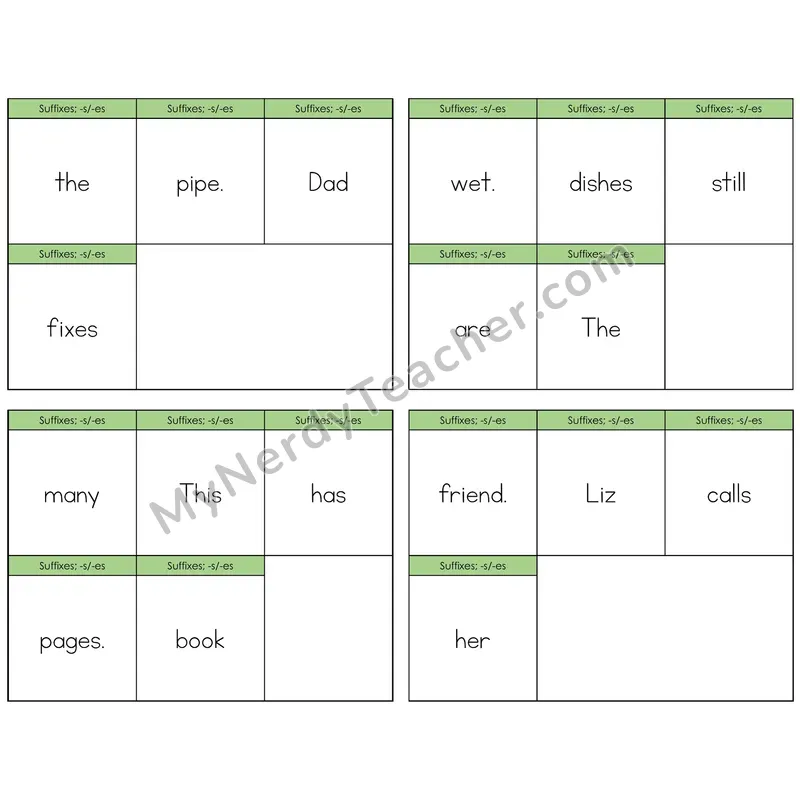 Suffixes -s and -es Build the Sentence Task Cards — Decodable Sentences