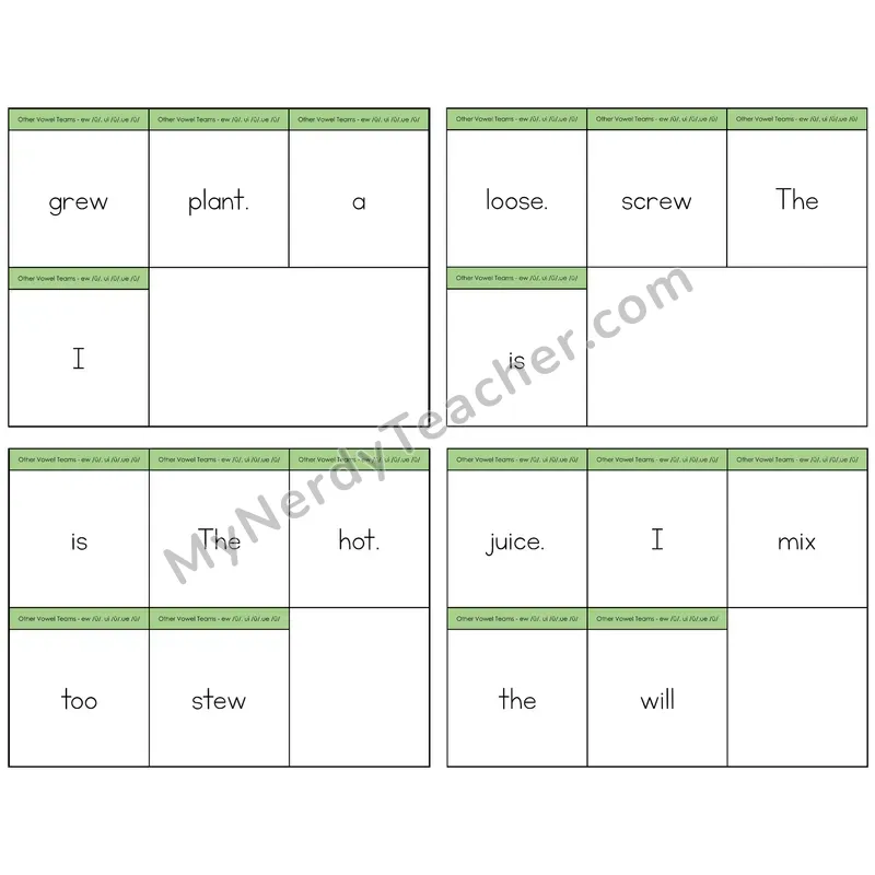 Long U (ew, ui, ue) Build the Sentence Task Cards — Decodable Sentences