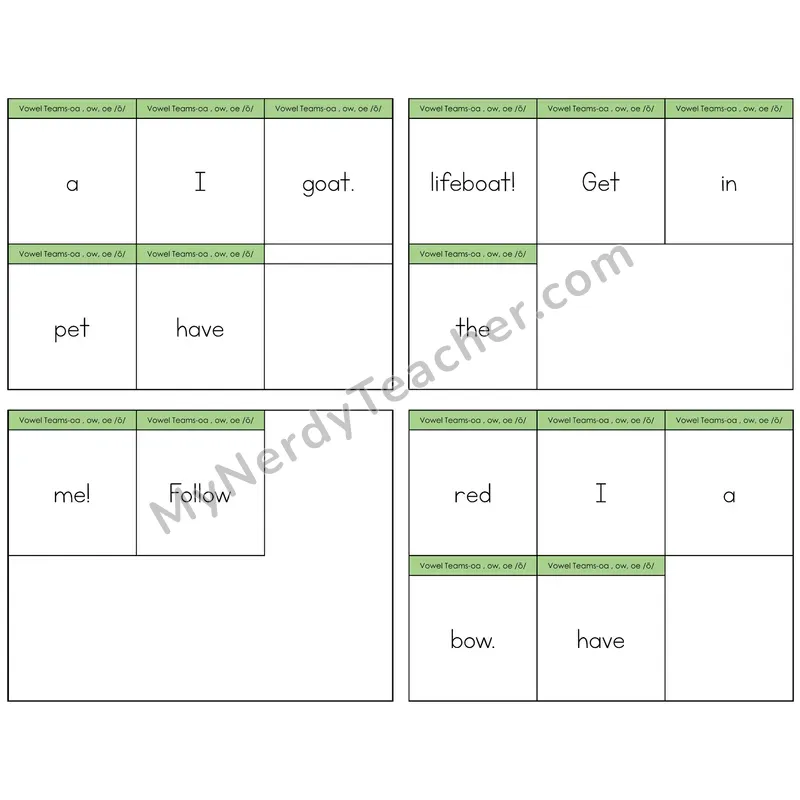 Long O Vowel Teams (oa, ow, oe) Build the Sentence Task Cards — Decodable Sentences