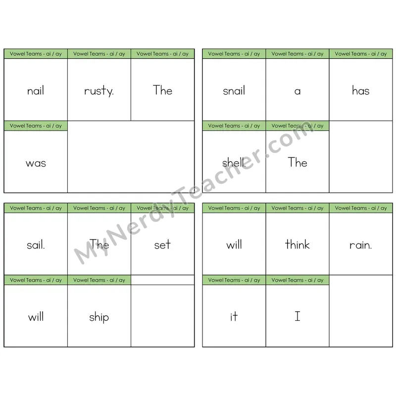 Long A Vowel Teams (ai, ay) Build the Sentence Task Cards — Decodable Sentences