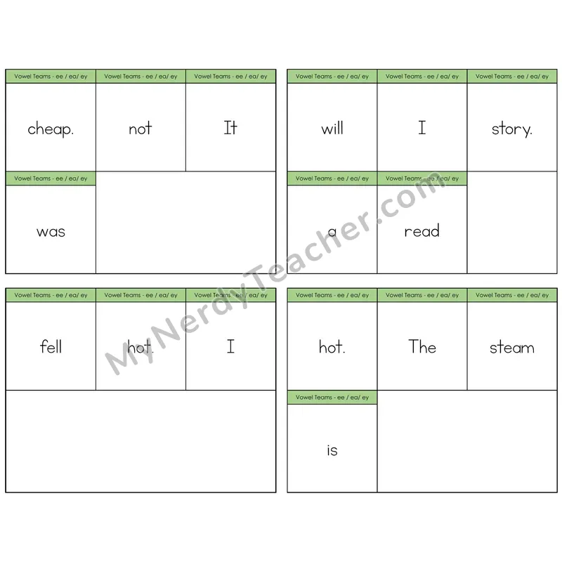 Long E Vowel Teams (ee, ea, ey) Build the Sentence Task Cards — Decodable Sentences