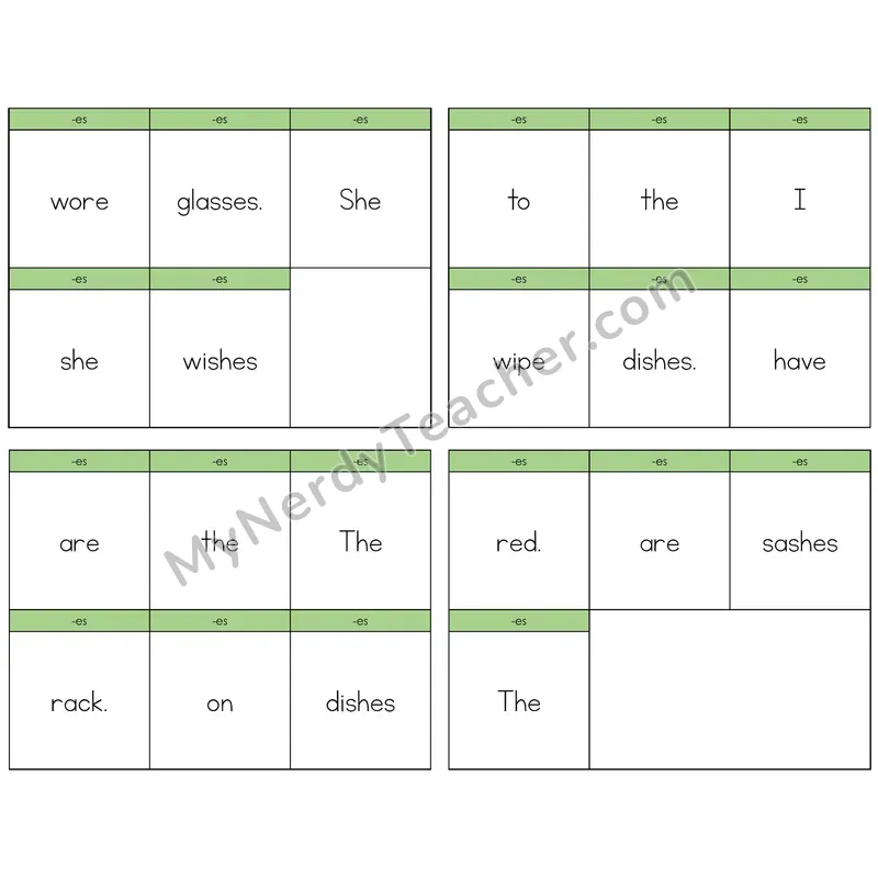 Suffix -es (Inflectional) Build the Sentence Task Cards — Decodable Sentences