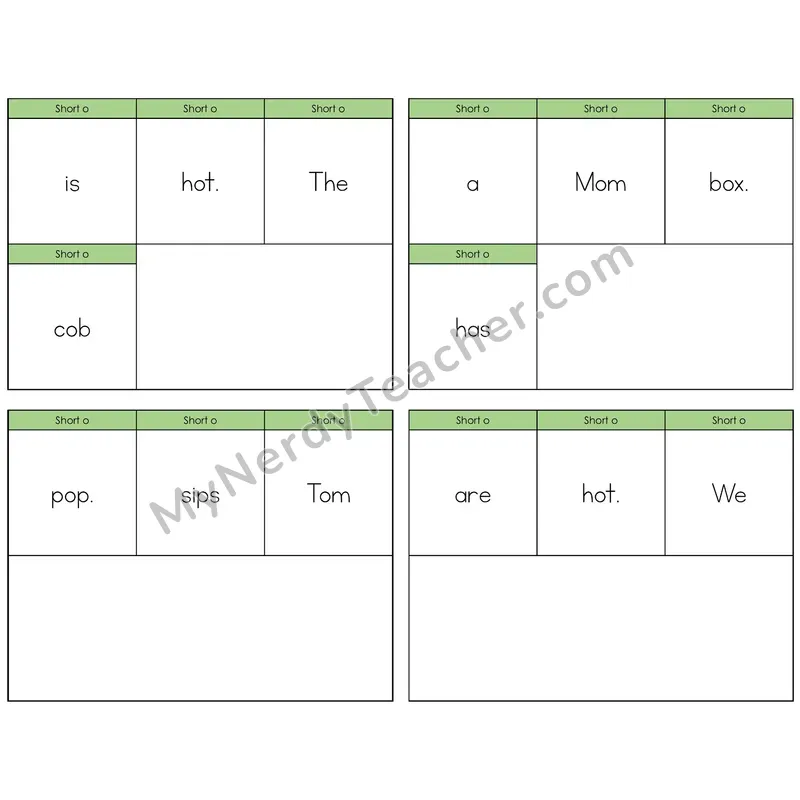 Short O Build the Sentence Task Cards — Decodable Sentences