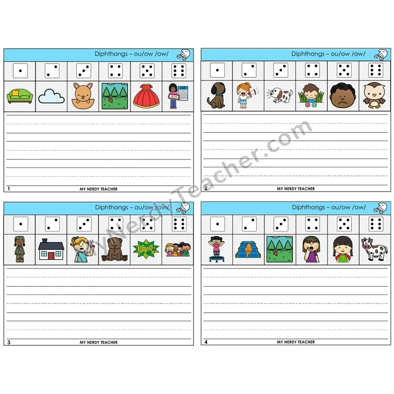 Diphthong OU and OW Roll Say and Write Task Cards — Decodable Sentences