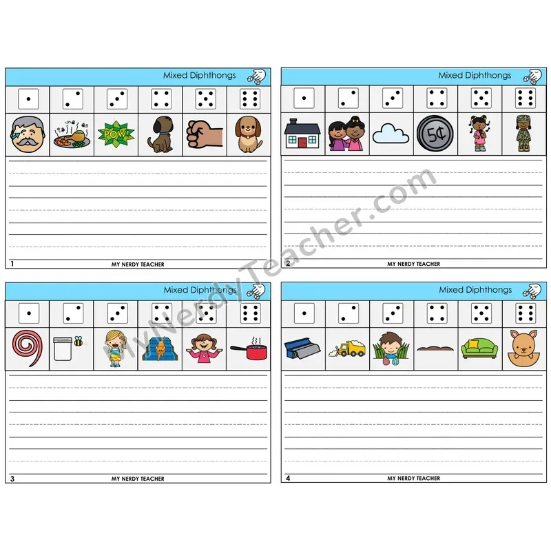 Mixed Diphthongs Roll Say and Write Task Cards — Decodable Sentences