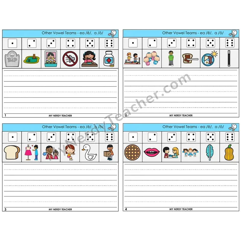 EA (short e) and A (short o) Roll Say and Write Task Cards — Decodable Sentences