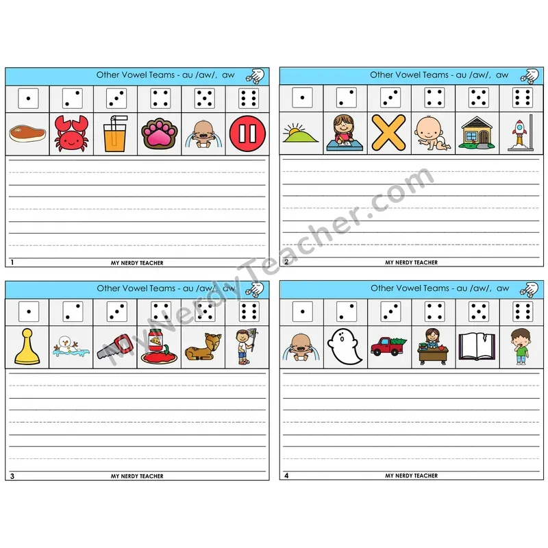 AU, AW, AUGH (/aw/) Roll Say and Write Task Cards — Decodable Sentences