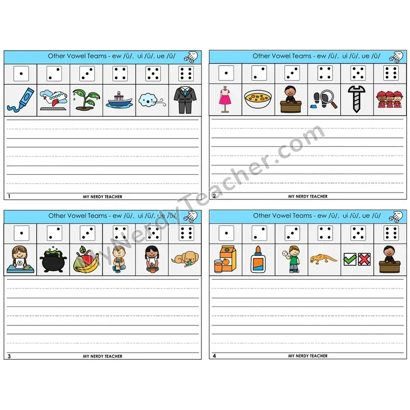 Long U (ew, ui, ue) Roll Say and Write Task Cards — Decodable Sentences