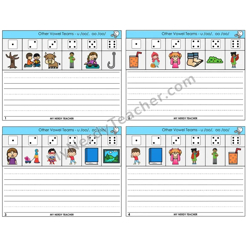 Short OO and U (/oo/) Roll Say and Write Task Cards — Decodable Sentences