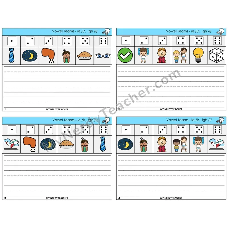 Long I Vowel Teams (ie, igh) Roll Say and Write Task Cards — Decodable Sentences