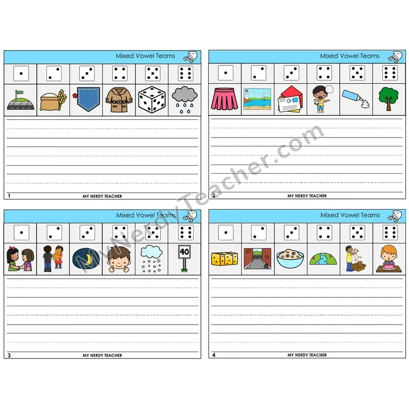 Mixed Vowel Teams Roll Say and Write Task Cards — Decodable Sentences