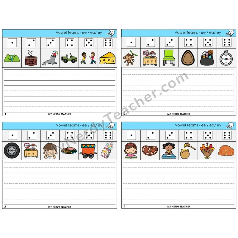 Long E Vowel Teams (ee, ea, ey) Roll Say and Write Task Cards — Decodable Sentences