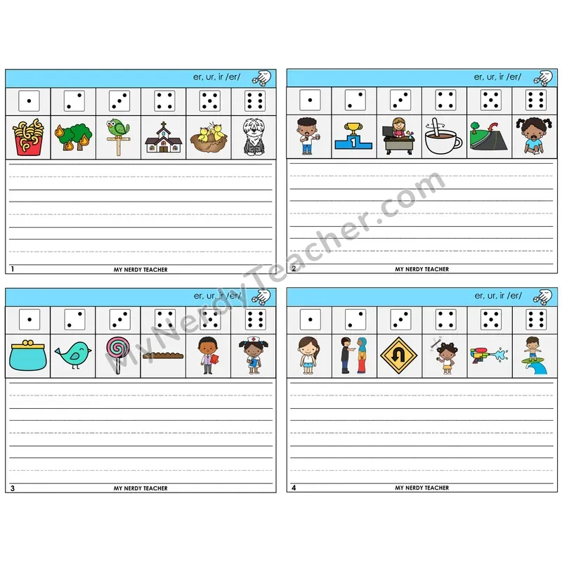 R-Controlled ER, UR, IR Roll Say and Write Task Cards — Decodable Sentences