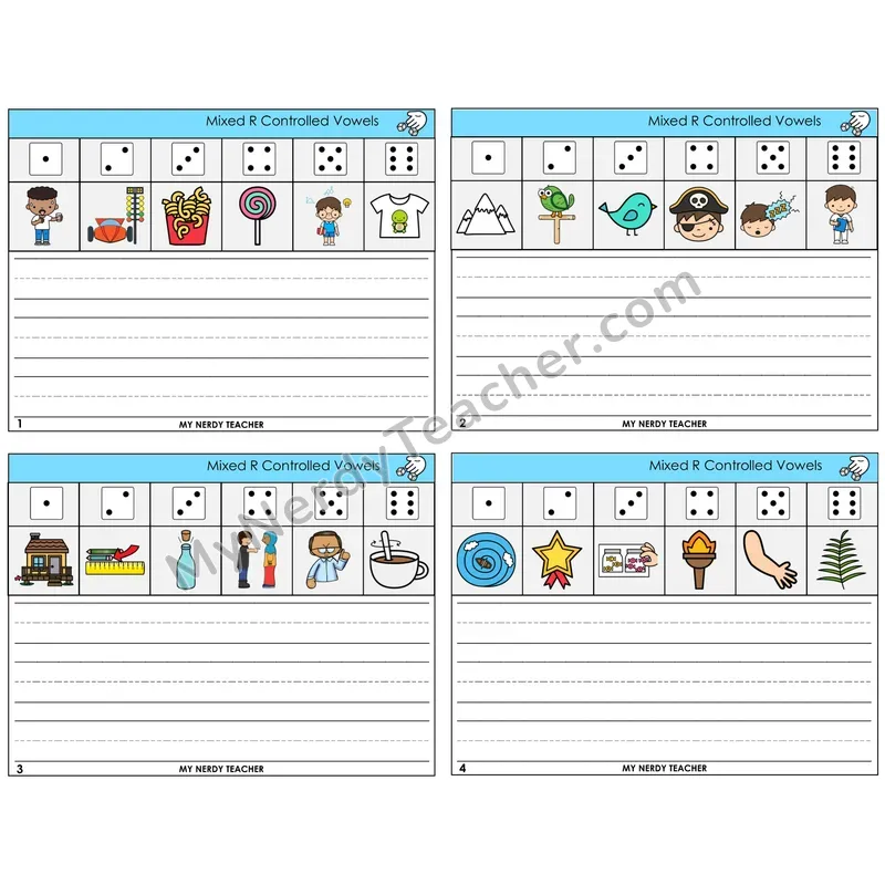 Mixed R-Controlled Vowels Roll Say and Write Task Cards — Decodable Sentences