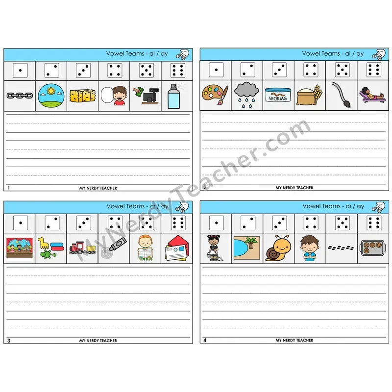 Long A Vowel Teams (ai, ay) Roll Say and Write Task Cards — Decodable Sentences
