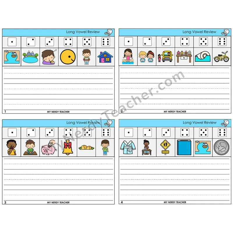 Long Vowels Review Roll Say and Write Task Cards — Decodable Sentences