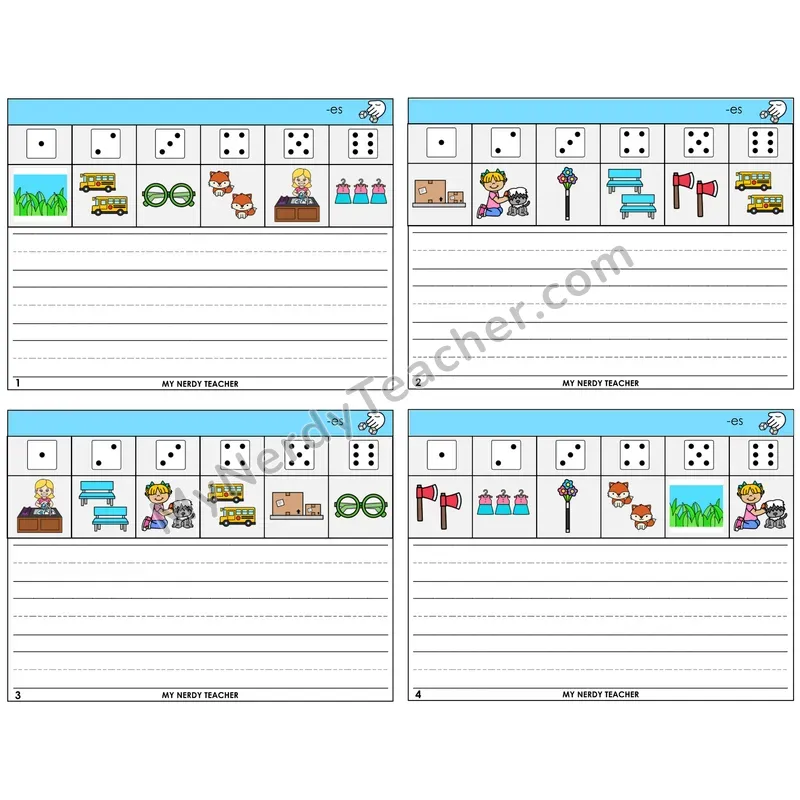Suffix -es (Inflectional) Roll Say and Write Task Cards — Decodable Sentences