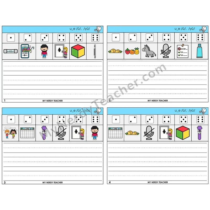 Long U VCe (u_e) Roll Say and Write Task Cards — Decodable Sentences