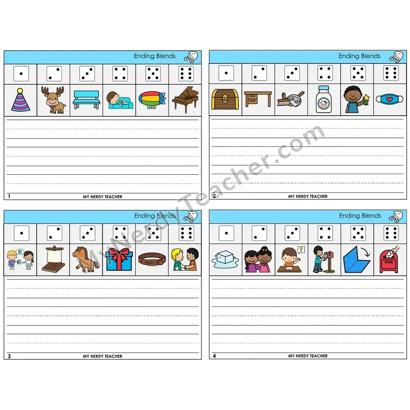 Ending Blends Roll Say and Write Task Cards — Decodable Sentences