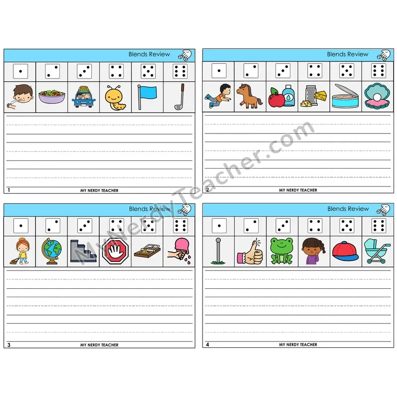 Blends Review Roll Say and Write Task Cards — Decodable Sentences