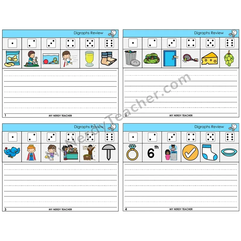 Digraphs Review Roll Say and Write Task Cards — Decodable Sentences