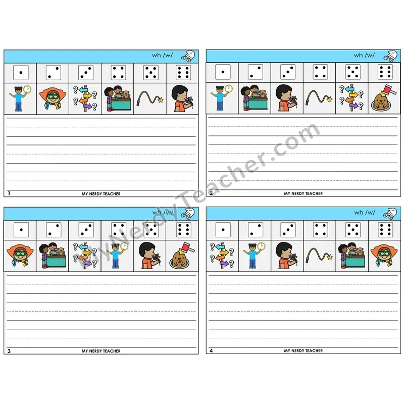 WH Digraph Roll Say and Write Task Cards — Decodable Sentences
