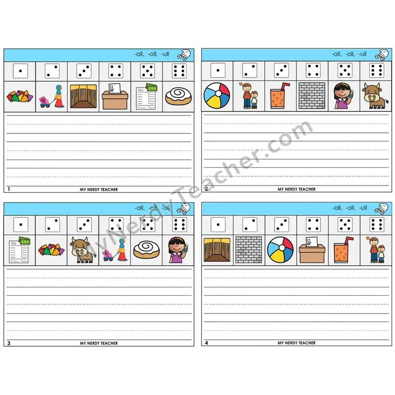 All, Oll, Ull Roll Say and Write Task Cards — Decodable Sentences