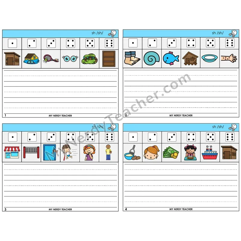 SH Digraph Roll Say and Write Task Cards — Decodable Sentences