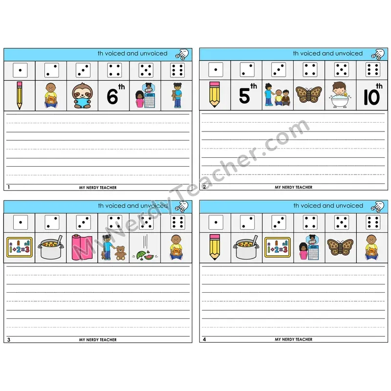 TH Digraph (Voiced + Unvoiced) Roll Say and Write Task Cards — Decodable Sentences