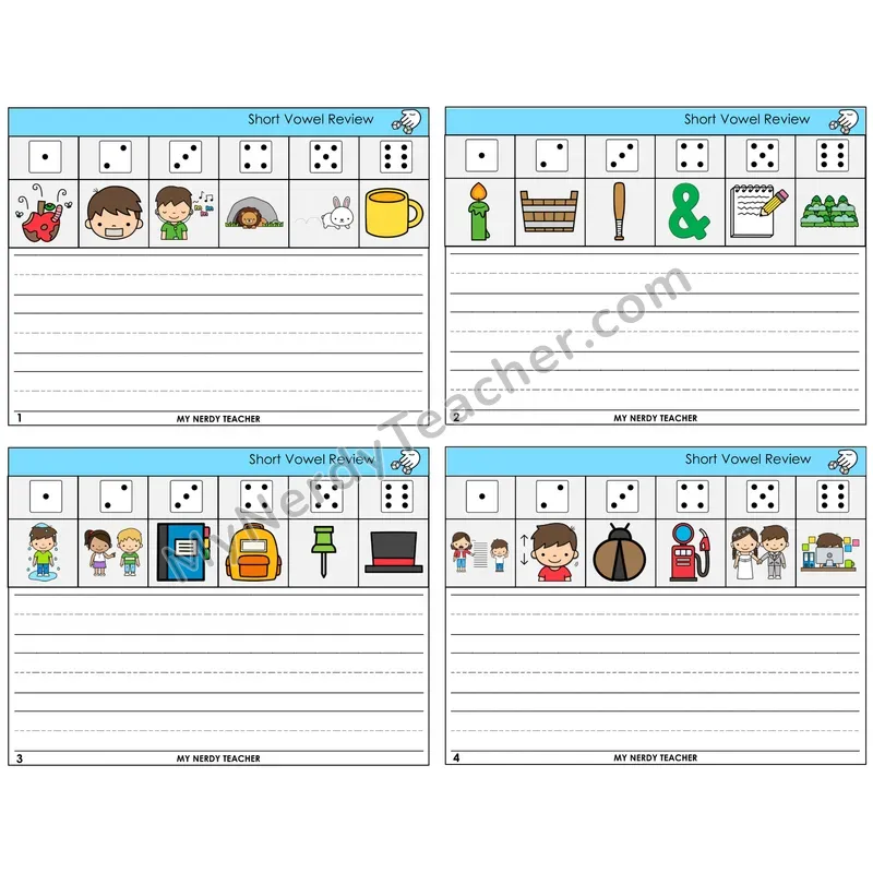 Short Vowels Review Roll Say and Write Task Cards — Decodable Sentences