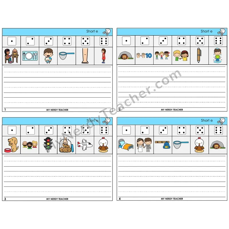 Short E Roll Say and Write Task Cards — Decodable Sentences
