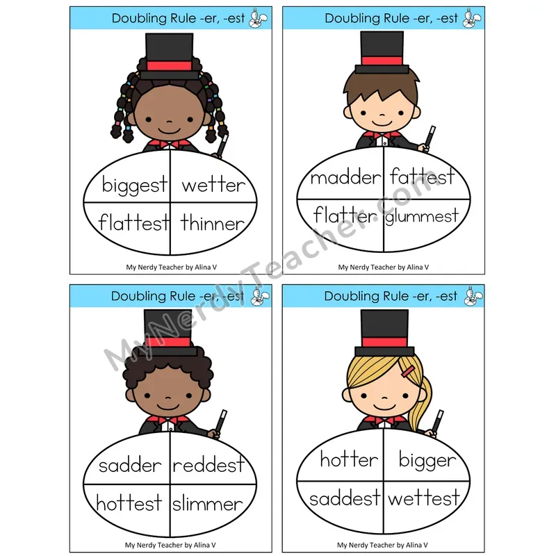 Doubling Rule -er, -est Sentence Spinners Task Cards — Decodable Sentences