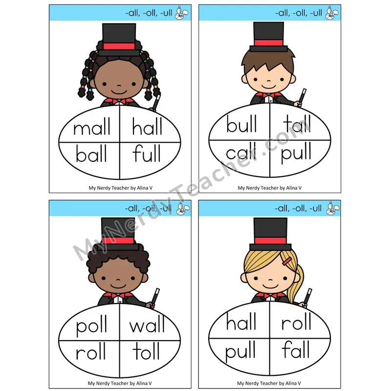All, Oll, Ull Sentence Spinners Task Cards — Decodable Sentences