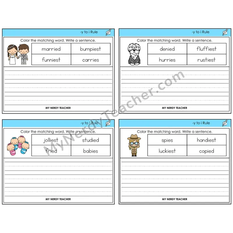 Y to I Rule Color and Write a Sentence Task Cards — Decodable Sentences