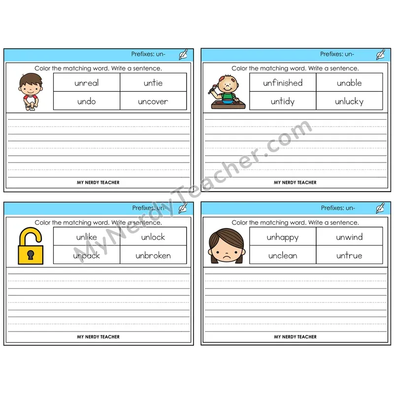 Prefix un- Color and Write a Sentence Task Cards — Decodable Sentences