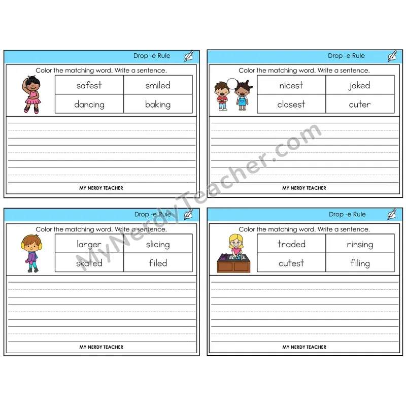 Drop -e Rule Color and Write a Sentence Task Cards — Decodable Sentences