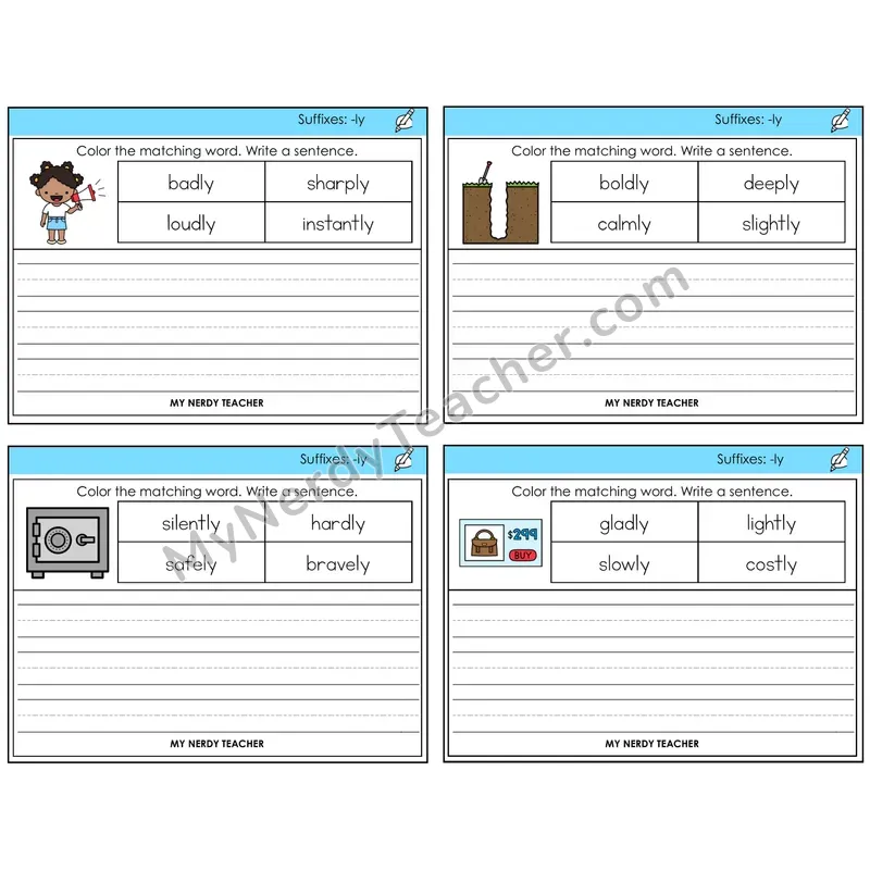 Suffix -ly Color and Write a Sentence Task Cards — Decodable Sentences