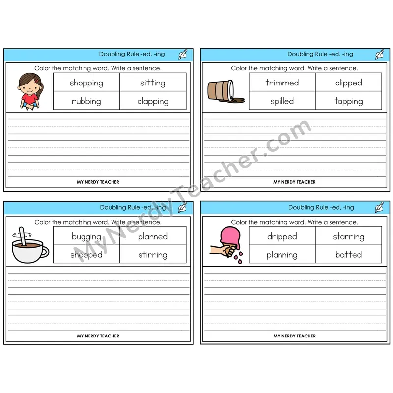 Doubling Rule -ed, -ing Color and Write a Sentence Task Cards — Decodable Sentences