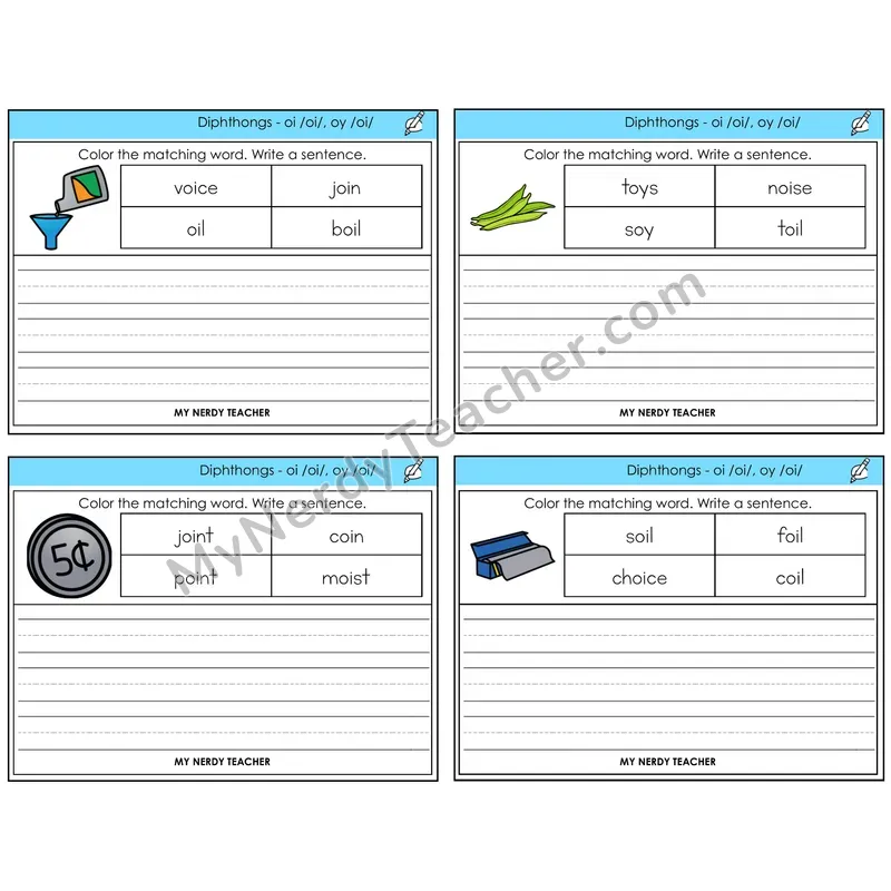 Diphthong OI and OY Color and Write a Sentence Task Cards — Decodable Sentences