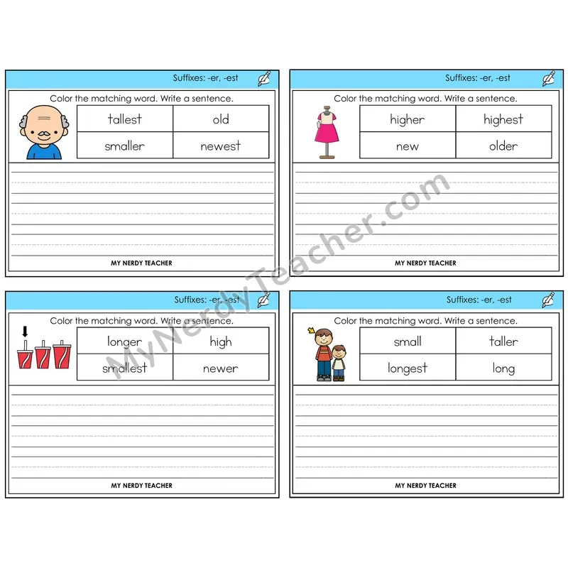 Suffixes -er and -est Color and Write a Sentence Task Cards — Decodable Sentences