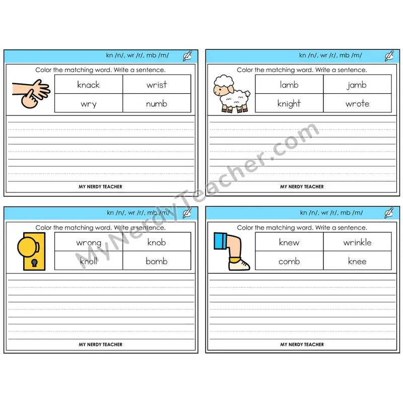 Silent Letters (kn, wr, mb) Color and Write a Sentence Task Cards — Decodable Sentences