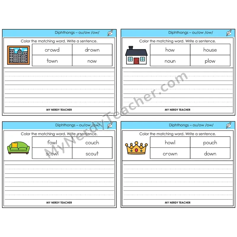 Diphthong OU and OW Color and Write a Sentence Task Cards — Decodable Sentences