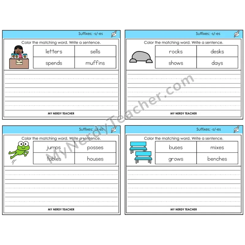 Suffixes -s and -es Color and Write a Sentence Task Cards — Decodable Sentences