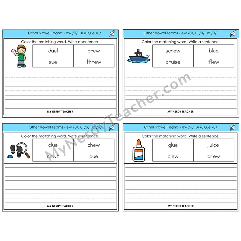 Long U (ew, ui, ue) Color and Write a Sentence Task Cards — Decodable Sentences