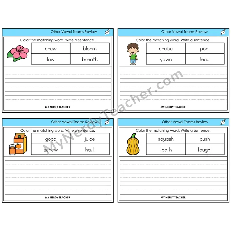 Other Vowel Teams Review Color and Write a Sentence Task Cards — Decodable Sentences