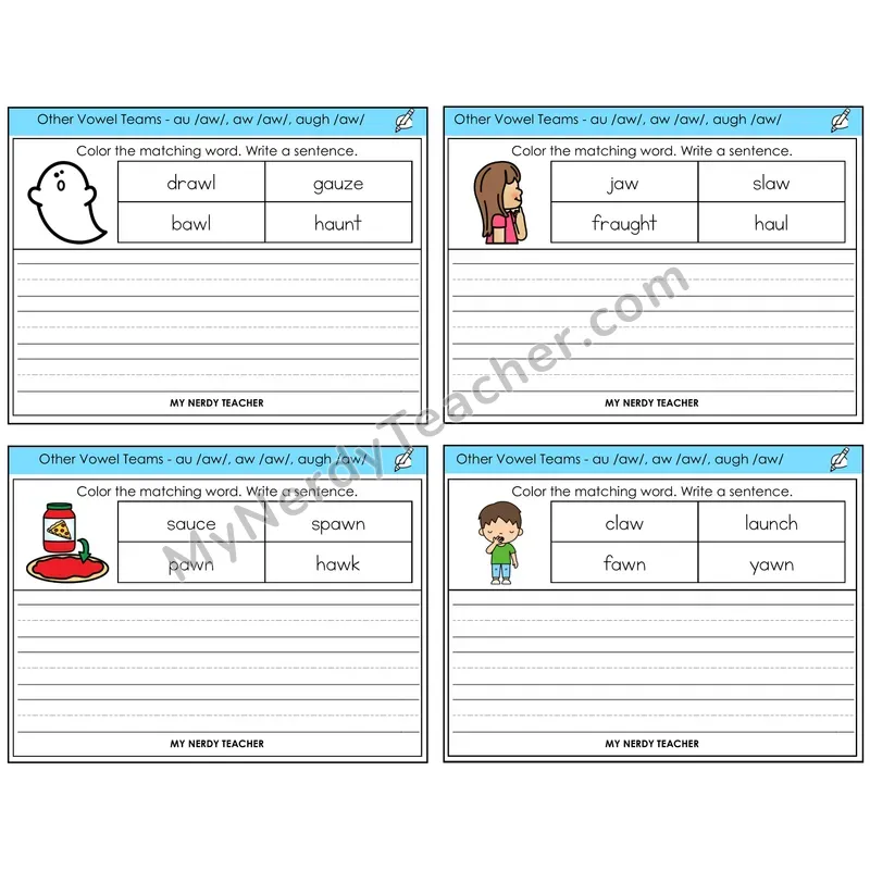 AU, AW, AUGH (/aw/) Color and Write a Sentence Task Cards — Decodable Sentences