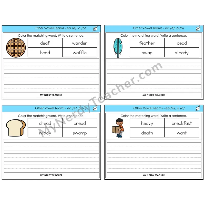 EA (short e) and A (short o) Color and Write a Sentence Task Cards — Decodable Sentences