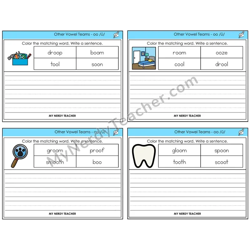 Long OO (/ū/) Color and Write a Sentence Task Cards — Decodable Sentences