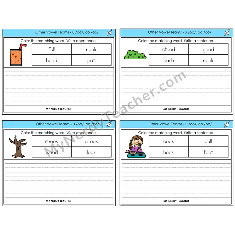 Short OO and U (/oo/) Color and Write a Sentence Task Cards — Decodable Sentences