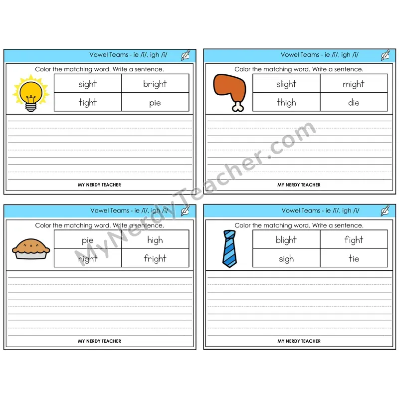 Long I Vowel Teams (ie, igh) Color and Write a Sentence Task Cards — Decodable Sentences